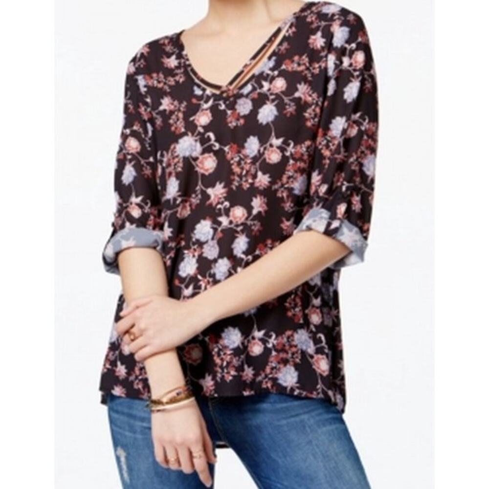 Hippie Rose Black Floral Roll Tab Sleeve Top Blouse Medium NWT Office